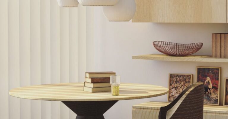 Blinds - Round Beige and Brown Wooden Table and Chair